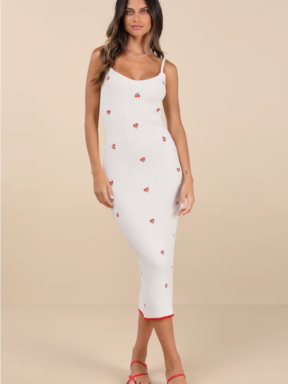 Kiana Ivory Floral Embroidered Sweater Midi Dress